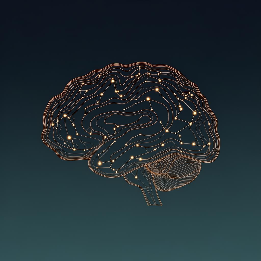 A brain rendered as topographic contours and constellation points of light