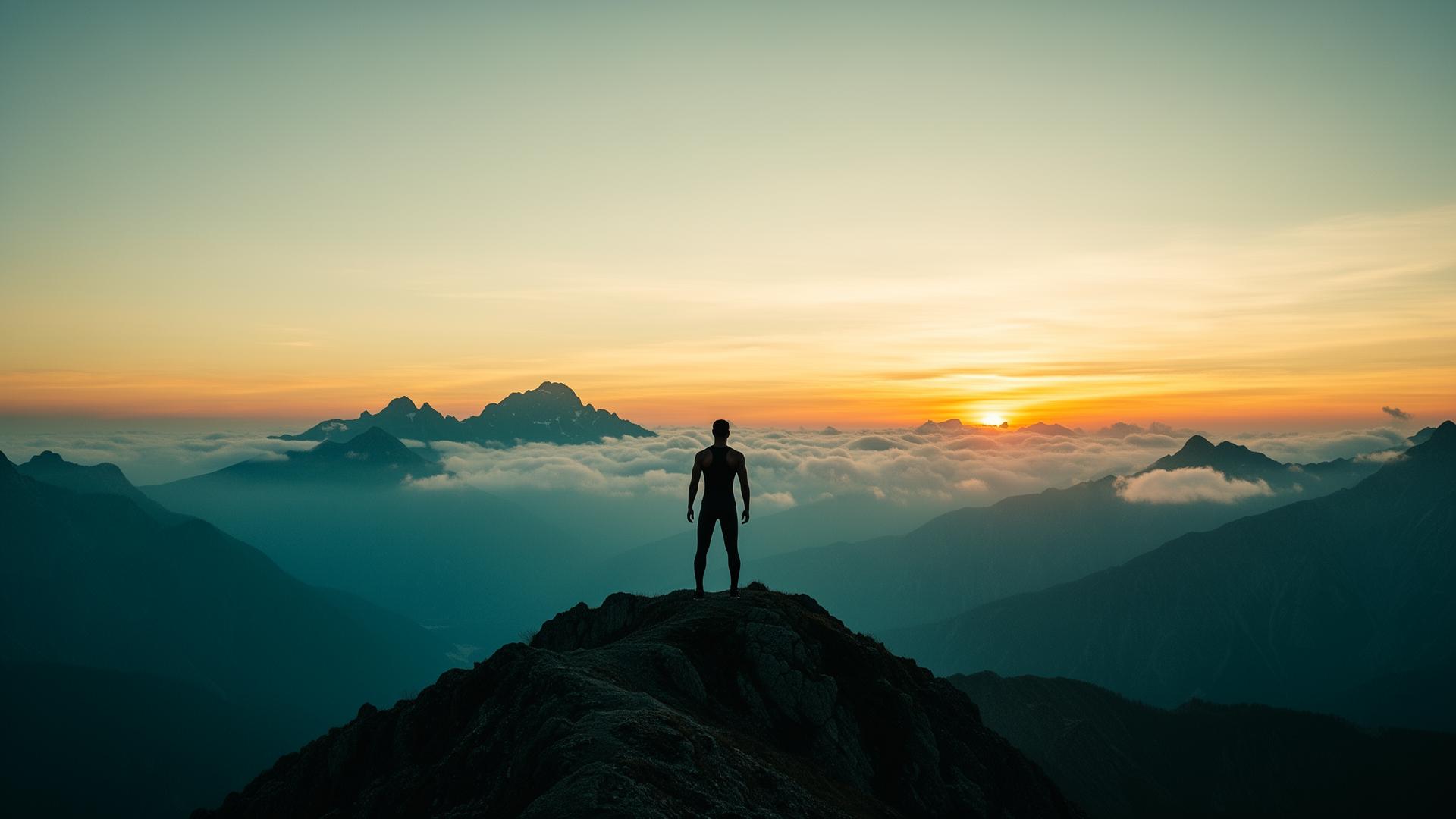 A figure standing on a mountain ridge at dawn — strength, stillness, and clarity